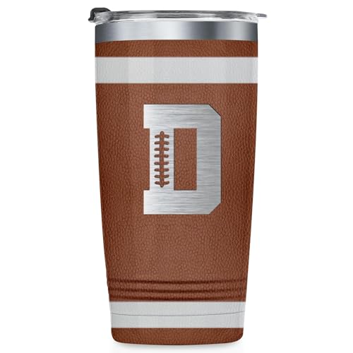 Personalized Football Tumbler with Laser Initials - 20oz Stainless Steel Gift for Men Women Coaches - Variation: Initial-D