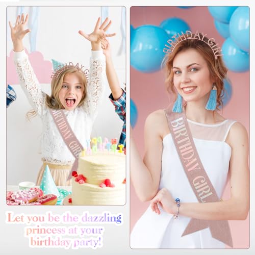 Lorzot Rose Gold Birthday Girl Sash and Rhinestone Tiara Crown Set