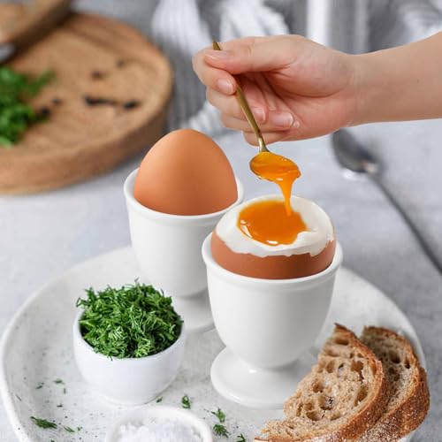 Kyuionty Ceramic Egg Cups - 2 Pcs White Porcelain Holders for Boiled Eggs