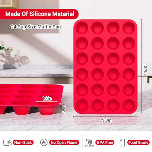 Redfly 2-Pack Silicone Mini Muffin Pan, 24-Cup Cupcake Molds for Baking