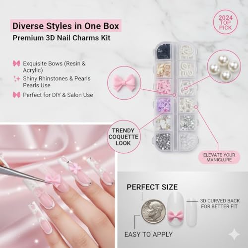 3D Mixed Nail Art Charms Kit with Rhinestones Bows and Pearls for DIY Manicures