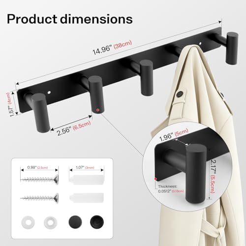 Black Wall Mounted Coat Rack with 5 Hooks - Heavy-Duty Towel Hanger
