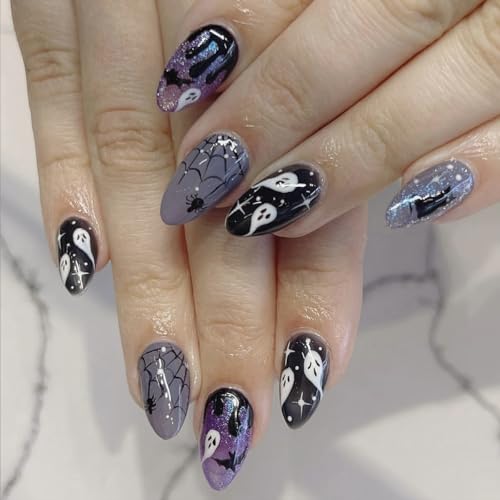 Halloween Press on Nails Short Goth Acrylic Fake Nails Bat Ghost