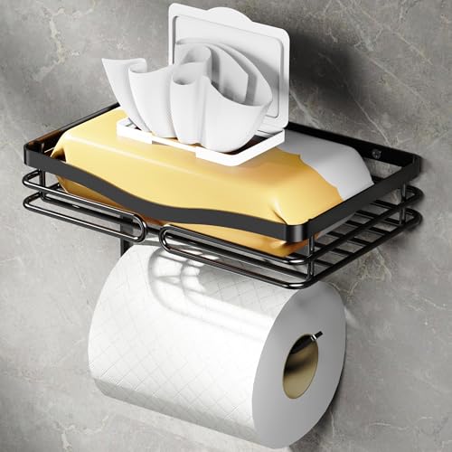 YIGII Wall-Mounted Toilet Paper Holder with Shelf - Matte Black