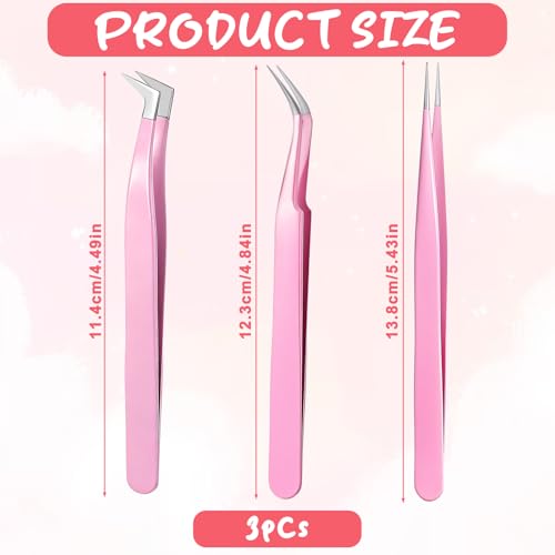 Xelsluthe 3-Piece Stainless Steel Eyelash Extension Tweezers Set, Straight and Curved Precision Lash Tools for Volume Lashes and Nail Art