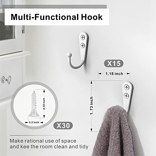 PRIGVOT 15-Pack White Wall Mounted Coat Hooks - Heavy Duty Zinc Alloy Hangers
