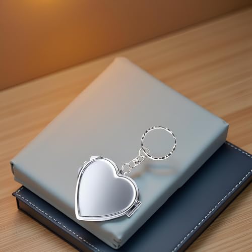 Heart Shaped Compact Mirror with Keychain Portable Folding Metal Pocket Mirror