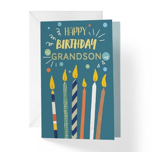 Birthday Card for Grandson - 5x7.75 inch with Envelope, Made in USA | Candles + Confetti | Eco-Friendly