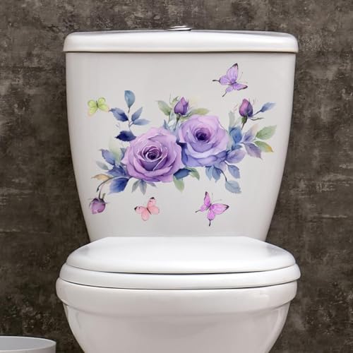 Purple Flowers Butterfly Toilet Seat Stickers - Waterproof & Removable