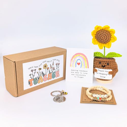 Lamyba Teacher Appreciation Gift Set with Crochet Sunflower, Bracelet & Keychain