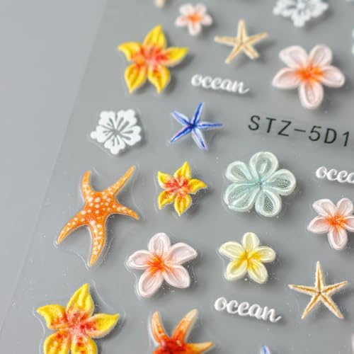 5D Embossed Ocean Nail Art Stickers - Summer Marine Starfish & Flowers