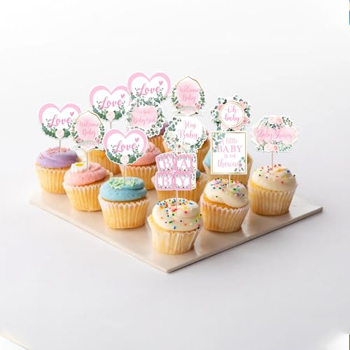 40 Pack Hey Little Girl Baby Shower Cupcake Toppers, Pink Theme Picks
