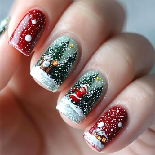 Christmas Press on Nails French Tip Short Square False Nails Winter Art