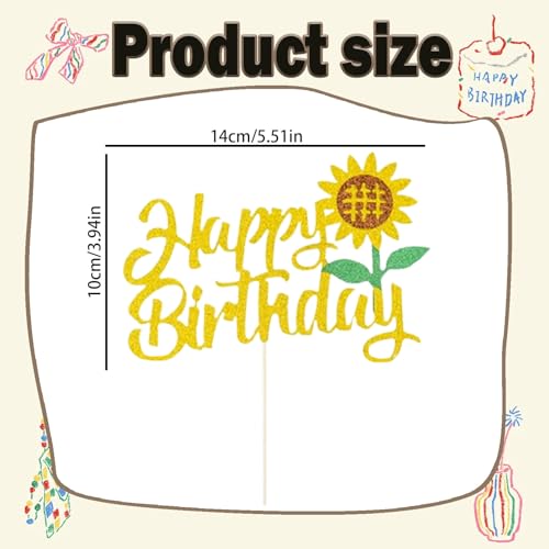 Sunflower Happy Birthday Cake Topper - Gold Glitter Decor