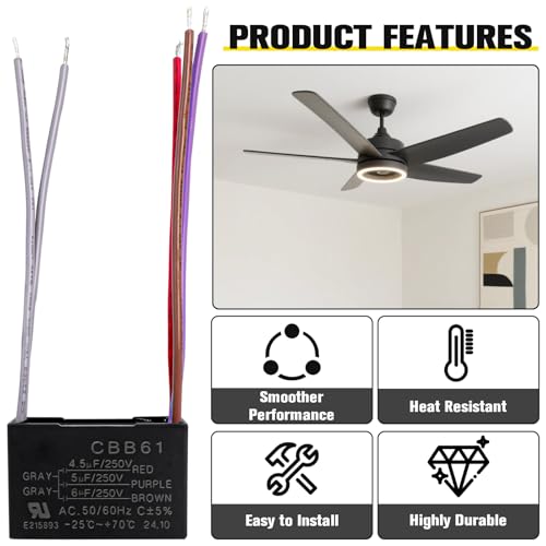 Podoy CBB61 Ceiling Fan Capacitor Replacement 4.5uF-6uF 5 Wire