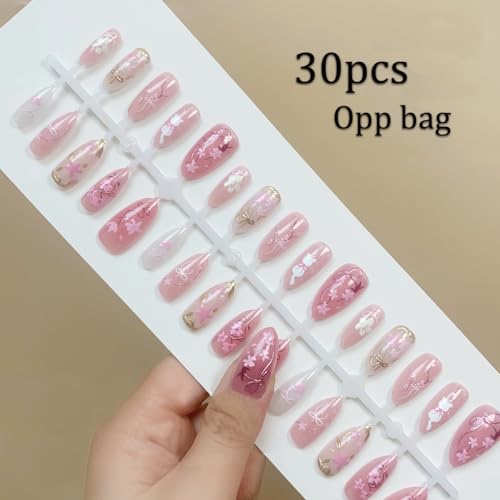 Pink Flower Press on Nails Medium Almond Cat Eye Glitter False Nails