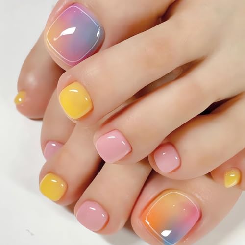 Press on Toenails Colorful Gradient Short Square Fake Toenails Glossy Acrylic Toe Nails 24 Pcs