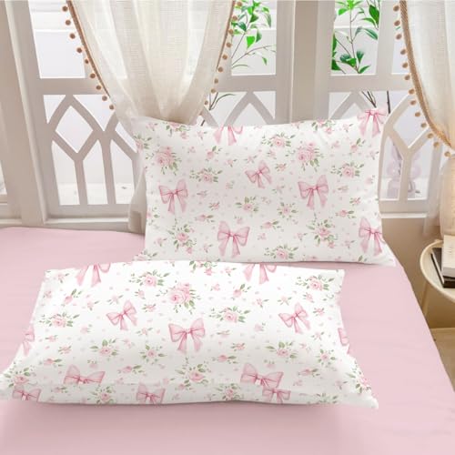 Pink Floral Twin Duvet Cover Set with Bow - Kids Girls Bedding 2Pcs