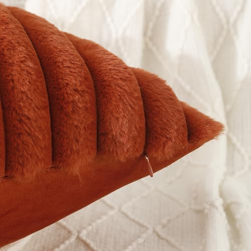 Burnt Orange Faux Fur Throw Pillow Covers - Set of 2, 18x18