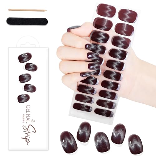 WOKOTO Burgundy Cat-Eye Semi-Cured Gel Nail Strips UV Wraps 20 Pcs