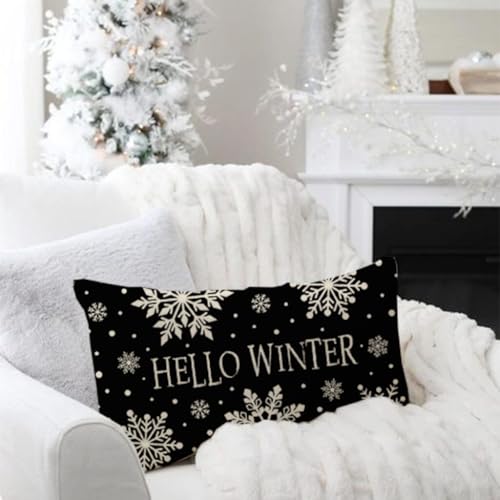Hello Winter Snowflake Christmas Lumbar Pillow Cover, 12x20 Black Farmhouse