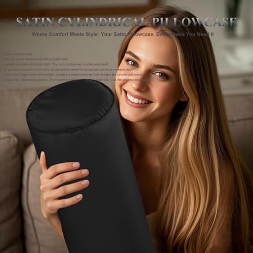 Velvetcossy Satin Cylinder Pillowcase - 16 x 6 Inch Bolster Cover, Black