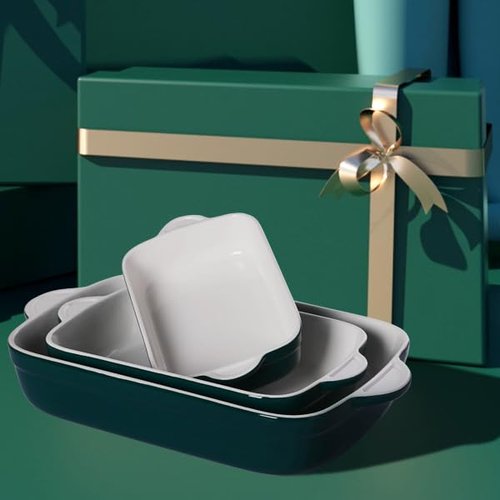 Sweejar Casserole Dishes for Oven, Ceramic Bakeware Set of 3, Lasagna Pan Deep with Handle, Rectangular Baking Pan Set, 9x13 Baking Dish for Cooking, Banquet and Daily Use (Beige)