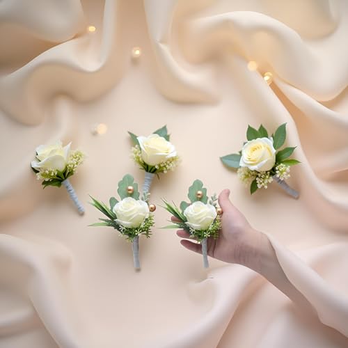White Rose Boutonnieres for Men Wedding Groom 2-Pack Artificial Flowers