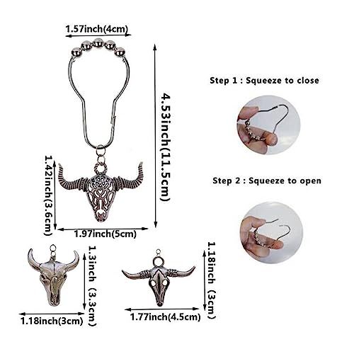 Western Cow Shower Curtain Hooks - 12 Metal Bull Skull Hooks