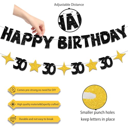 Happy 30th Birthday Banner, Black and Gold Pre-Strung Party Decoration