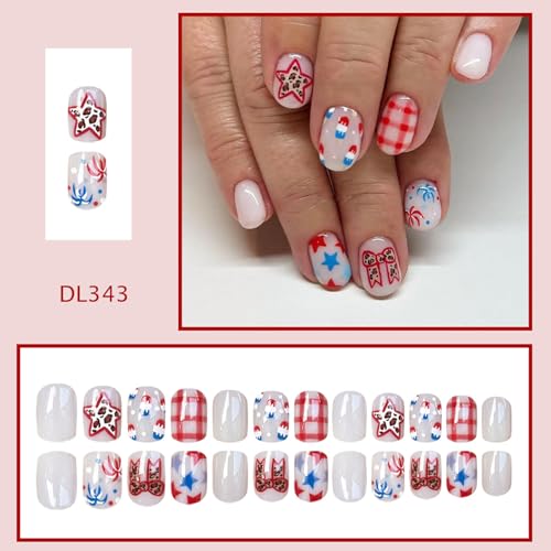 Independence Day Short Square Press on Nails with Bow and Star Designs