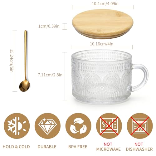 DOPUDO Vintage Glass Coffee Mugs with Bamboo Lids - 14oz (Set of 2)