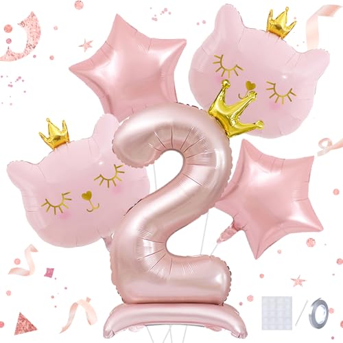Pink Cat Balloon Set for 2nd Birthday Party - Crown Cat Foil Balloon Kit