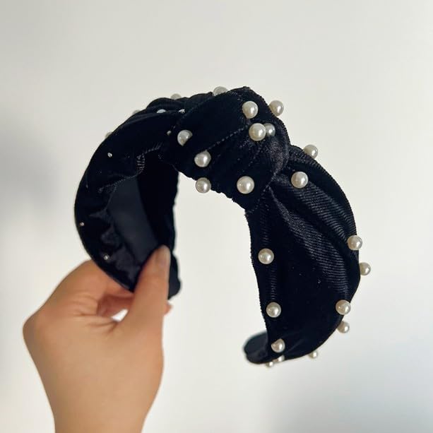 Navy Blue Velvet Headband with Twisted Knot and Faux Pearl Beading