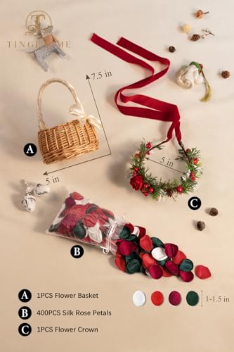 Christmas Red Artificial Flower Basket Set with Rose Petals & Flower Crown - Wedding Decor