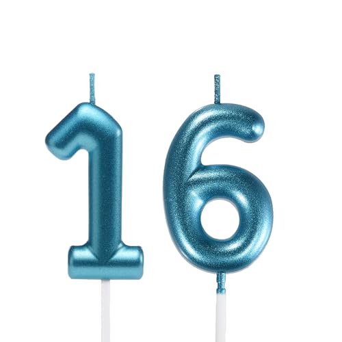 Glitter Blue 16th Birthday Candle Set | Number 16 & 61 Cake Toppers