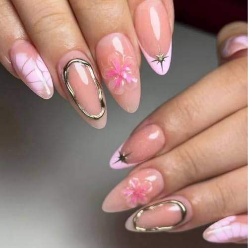 Nude Pink Press on Nails Medium Almond 3D Flowers & Gold Rhinestones