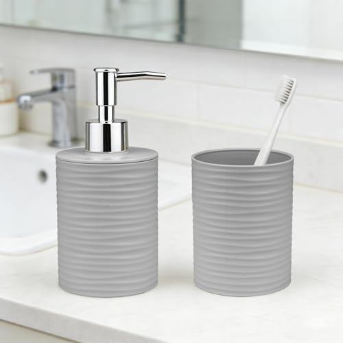 Gray Bathroom Set with Ripple Texture Soap Dispenser & Toothbrush Holder