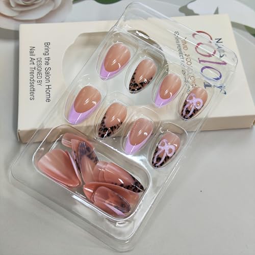French Tip Press on Nails Medium Almond Fake Nails with 3D Bow & Leopard Print