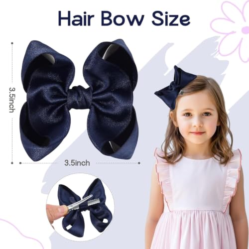 OAOLEER 3.5 Inch Navy Satin Ribbon Hair Bows with Alligator Clips 2PCS