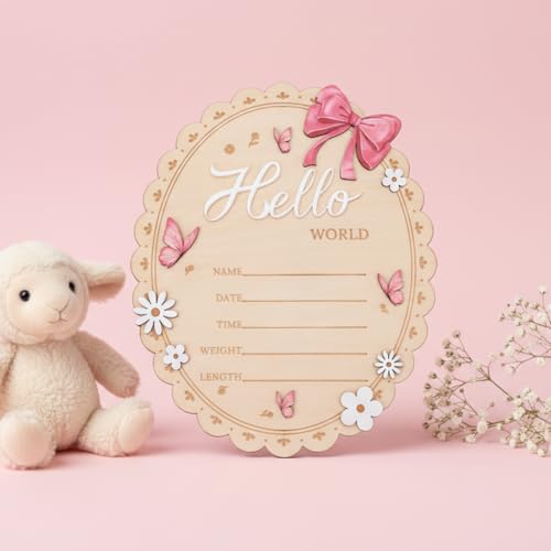 Hello World Wooden Baby Birth Announcement Sign - Oval Floral Keepsake