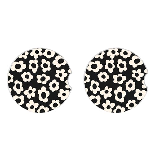 Absorbent Car Coasters 2 Pack - White Flower Ceramic & Cork Drink Holders