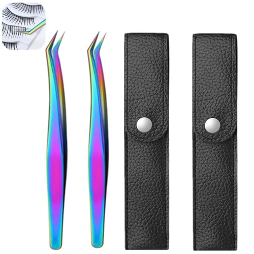 Vubbkdi Rainbow Stainless Steel Craft Tweezers with Leather Bags, 2 Pairs