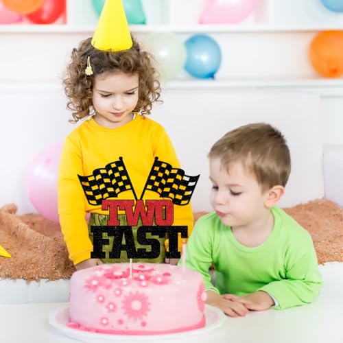 Two Fast Cake Topper - Black Glitter Race Car 2nd Birthday Decoration