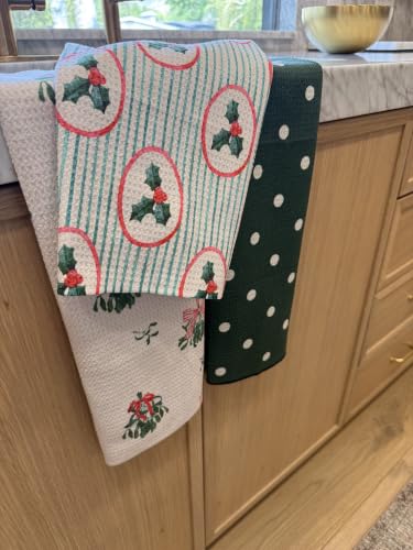 Christmas Holly Kitchen Towels Set - 3 Microfiber Dish & Hand Towels