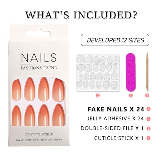 BFY Medium Almond Press on Nails Gradient Orange Glossy False Nails Kit