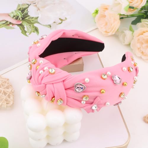KIUEZIR Pink Knotted Rhinestone & Pearl Headband for Women