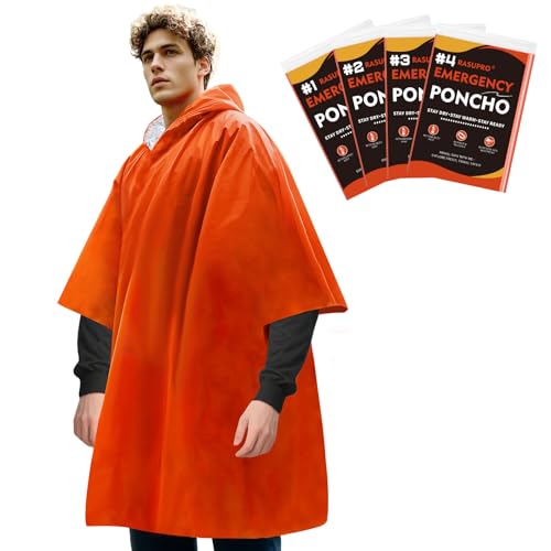 4 Pack Emergency Ponchos with Thickened Mylar Blanket Lining, Windproof, Waterproof, and Thermal Orange Survival Ponchos - Perfect for Outdoor Rescue, Family Camping Gear, Car Emergency Kits