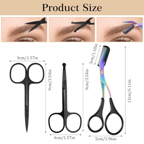 Eyebrow Trimming Scissors with Comb Set - 3 Pcs Black Grooming Tool