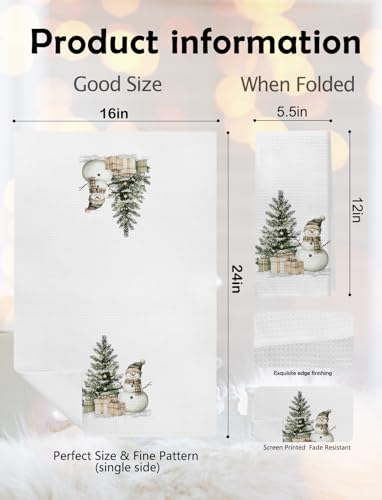 Snowman Christmas Kitchen Towels - Rustic Snowy Tree Hand Towels, Holiday Dish Cloths, 16x24 Inch - Color-01